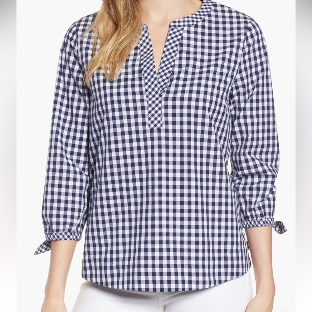 Vineyard Vines 100% Cotton Mixed Gingham Tie Sleeve High Low Hem Pullover Top S - Picture 6 of 17